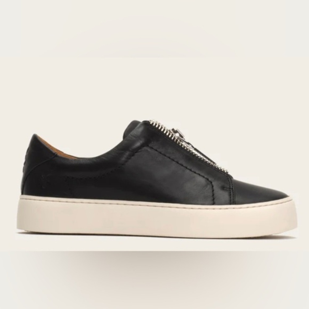 Frye Black Leather Zip-Front Sneakers with Cream Sole